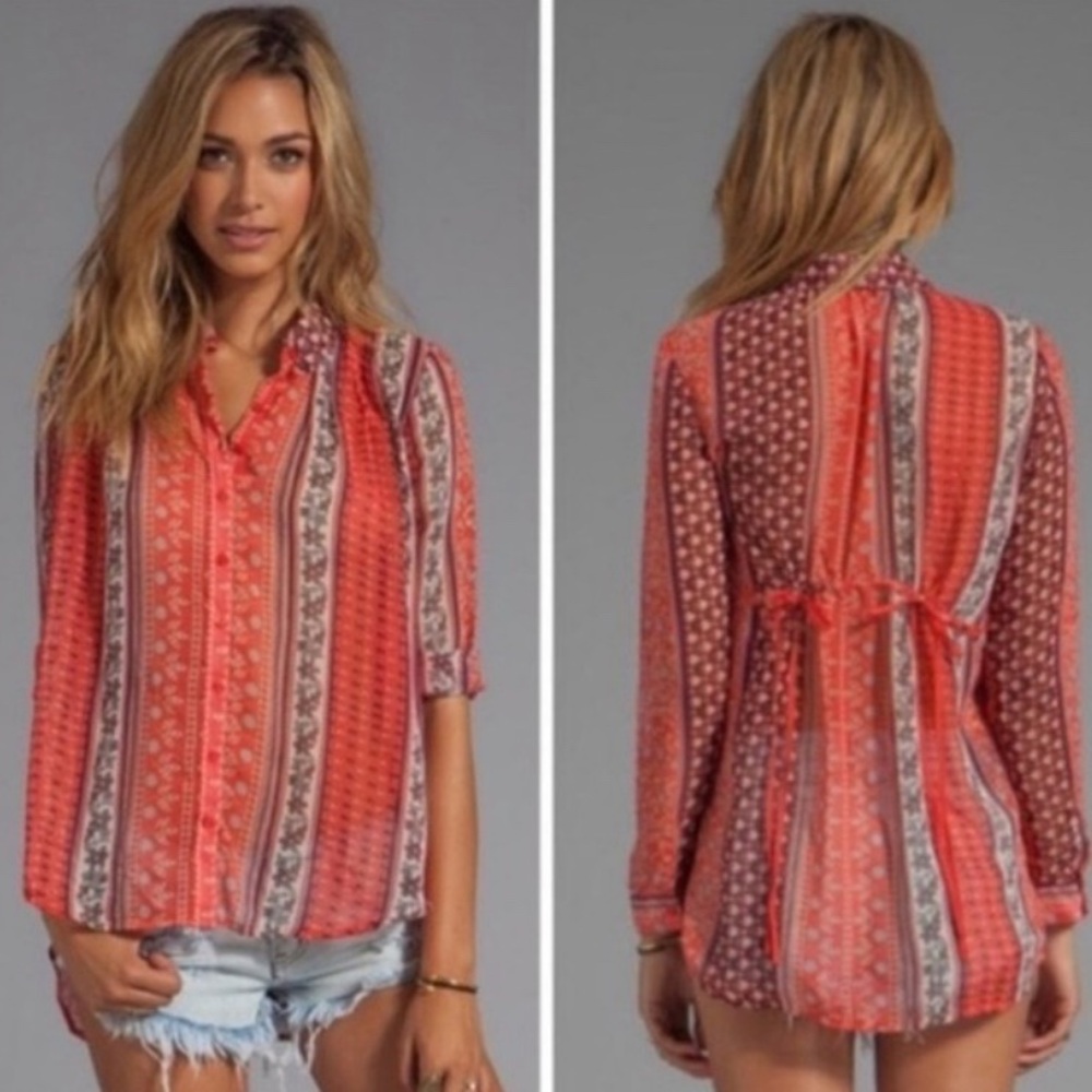 Free People Moonlight Mile Woven Top in Hot Coral Combo | Size XS